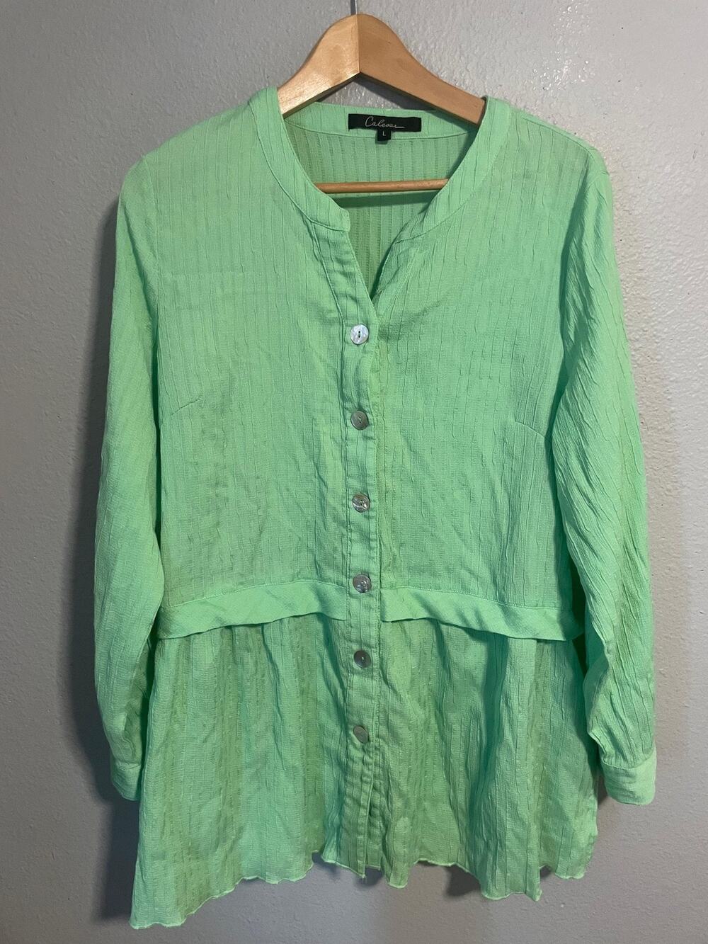 Calessa Womens Tunic Large Green Button Front Crinkle Peplum Relaxed Lagenlook